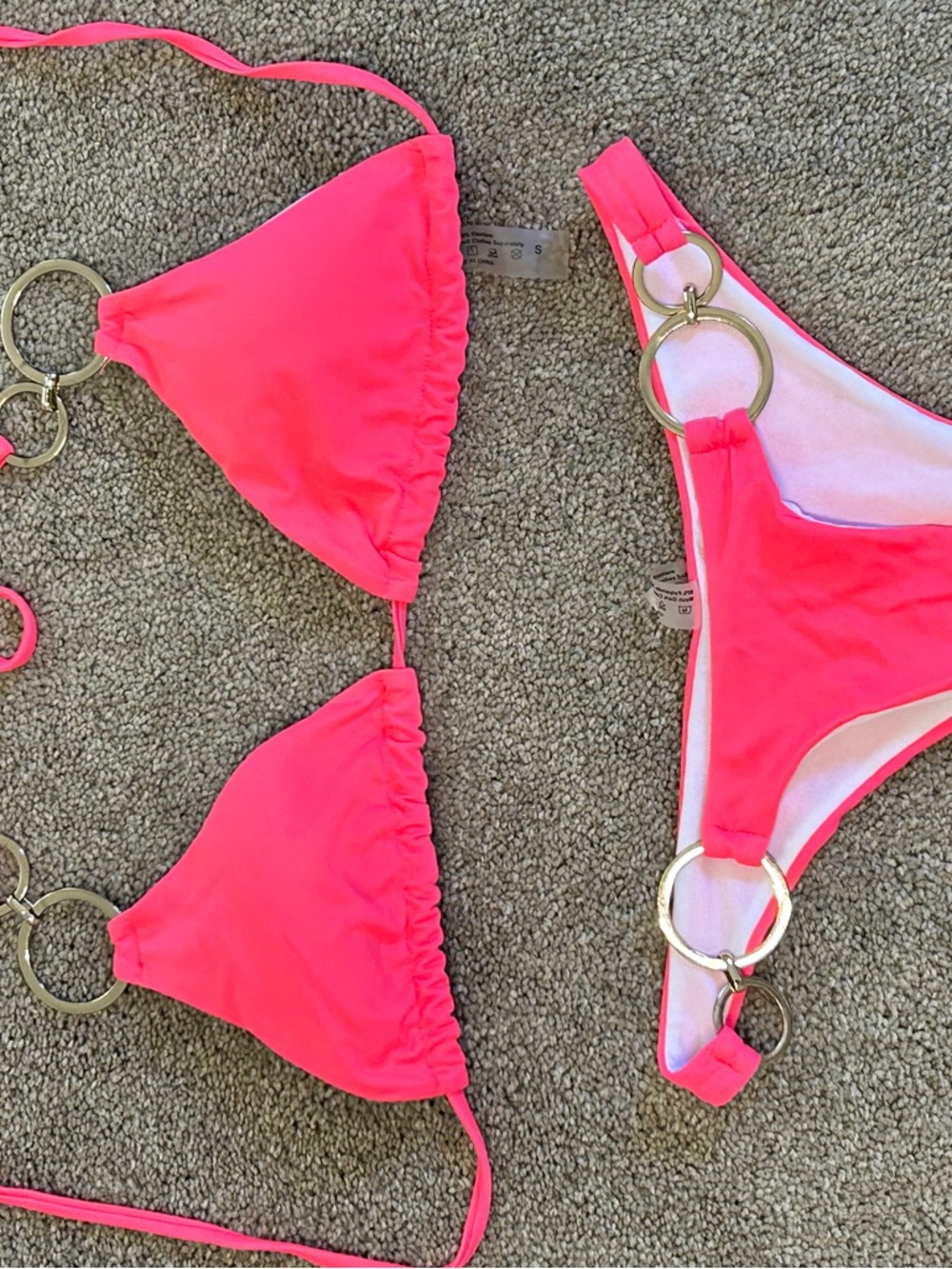 SHEIN Neon Hot Pink Ring Detail Triangle Bikini